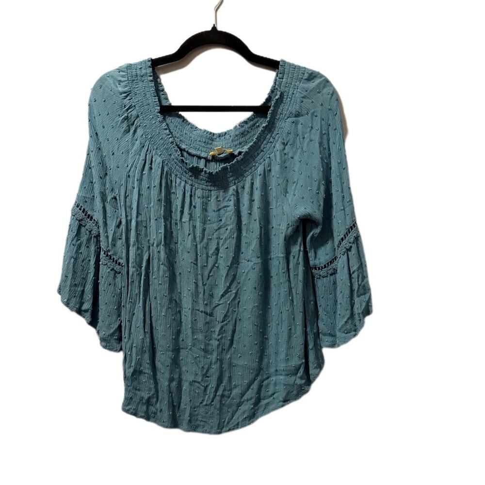 Kori blouse elastic neckline teal green